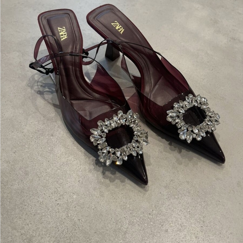 New Zara Embellished Vinyl Heels - Size 38 Maroon